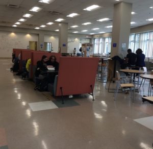 Housatonic students enjoying downtime with their friends in the Lafayette cafeteria.  (Photo by author) 